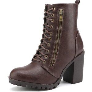 Women's Faux Leather Brown Combat Ankle Chunky Heel Lace up Heeled Booties